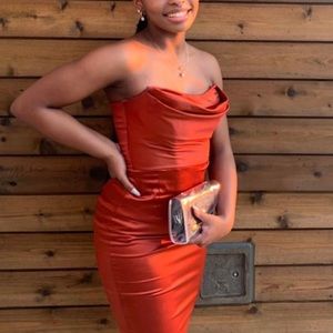 Burnt orange satin cowl neck dress